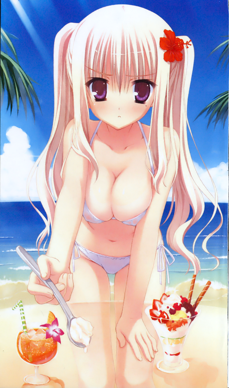 muririn, hibarigaoka yuki, bra-ban!, highres, 1girl, beach, bikini, blonde hair, blush, breasts, cleavage, day, drinking straw, feeding, female focus, flower, food, frown, glass, hair flower, hair ornament, hibiscus, ice cream, incoming food, large breasts, long hair, mole, mole under eye, navel, outdoors, parfait, pov feeding, side-tie bikini bottom, solo, swimsuit, twintails