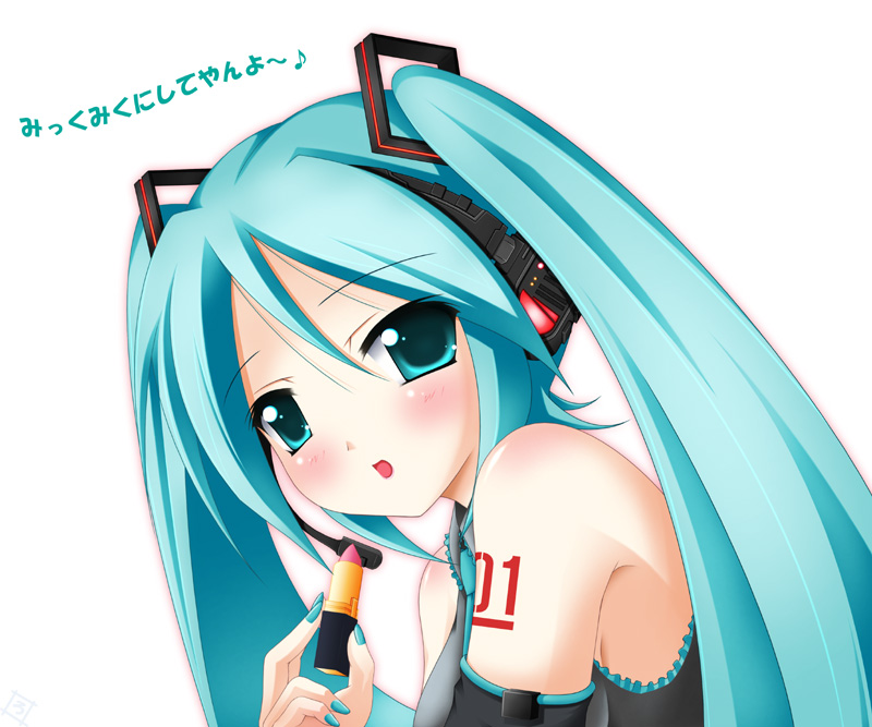 rodori gesu, hatsune miku, vocaloid, blush, green hair, lipstick, makeup, nail polish, solo, twintails
