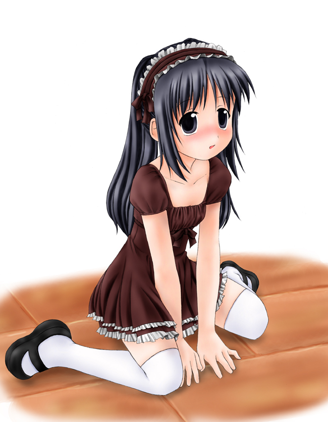 1girl, blue hair, blush, dress, female focus, long hair, solo, thighhighs