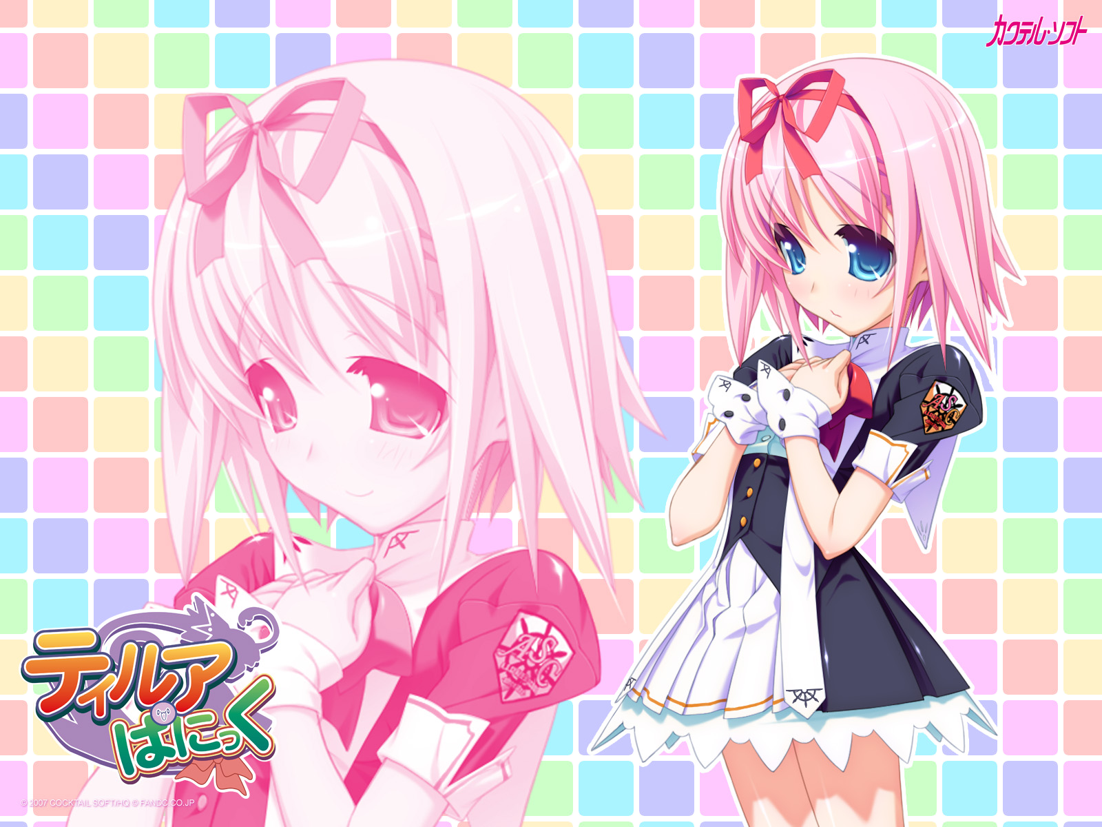 mitsusawa yuzuki, thirua panic, uniform, highres, 1girl, female focus, logo, pink hair, ribbon, solo