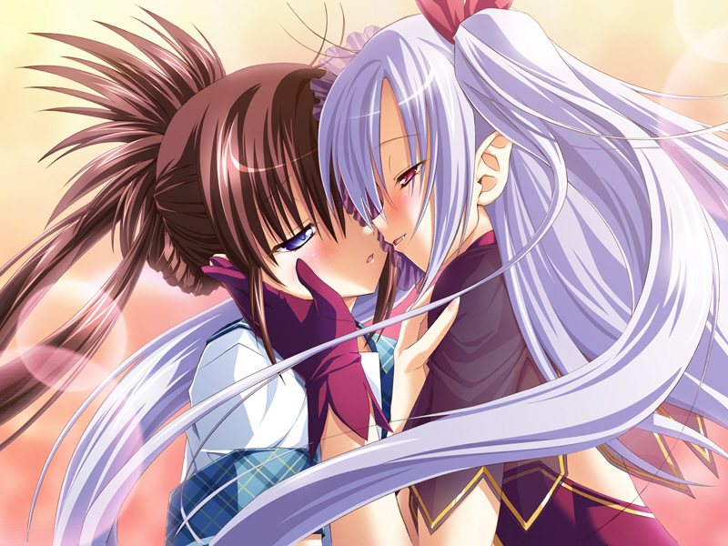 ozawa akifumi, chuchu astram, nakauchi chiyu, chu x chu idol, game cg, 2girls, fang, fangs, gloves, kiss, multiple girls, ribbon, school uniform, serafuku, yuri