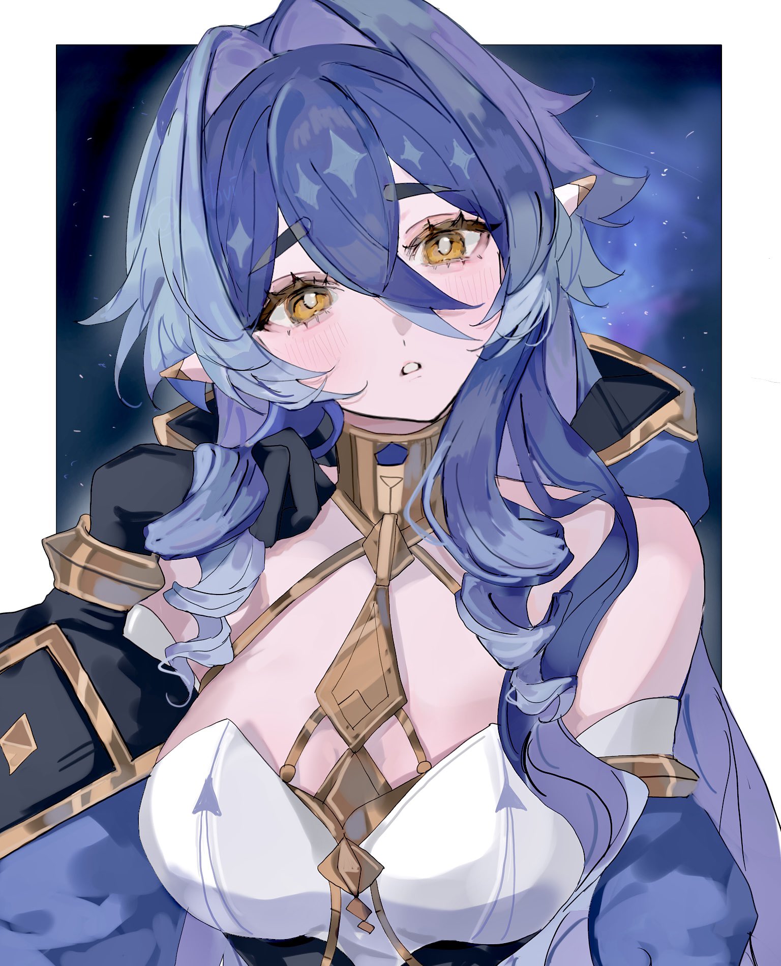 mamamam pi, layla (genshin impact), genshin impact, highres, 1girl, bare shoulders, blue hair, blue hood, border, breasts, bright pupils, hair between eyes, hood, hood down, large breasts, long hair, looking at viewer, parted lips, solo, star (sky), starry sky background, teeth, thick eyebrows, white border, white pupils, yellow eyes