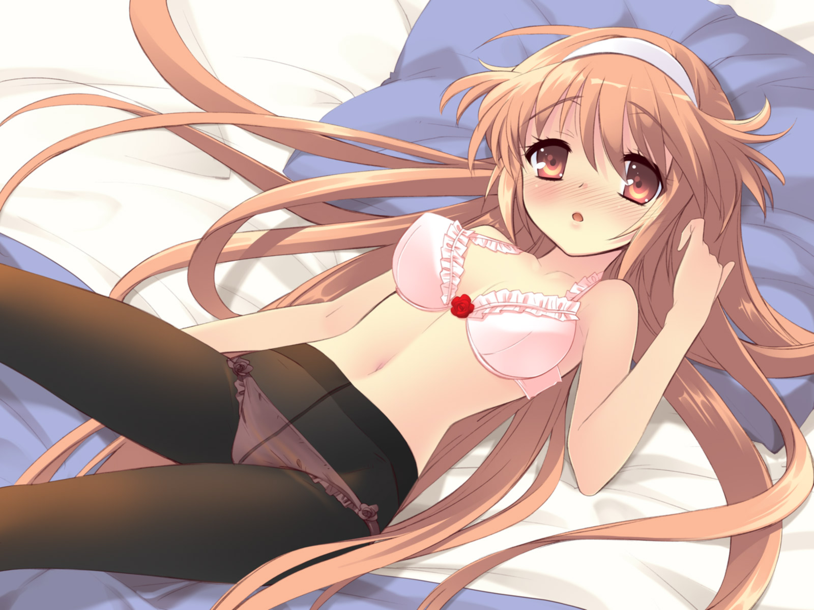 ito noizi, alice (alice parade), miori (alice parade), alice parade, duplicate, game cg, highres, 1girl, bed, blush, bra, brown hair, crotch seam, female focus, lingerie, long hair, panties, panties under pantyhose, pantyhose, pink bra, pink panties, solo, underwear, underwear only, very long hair