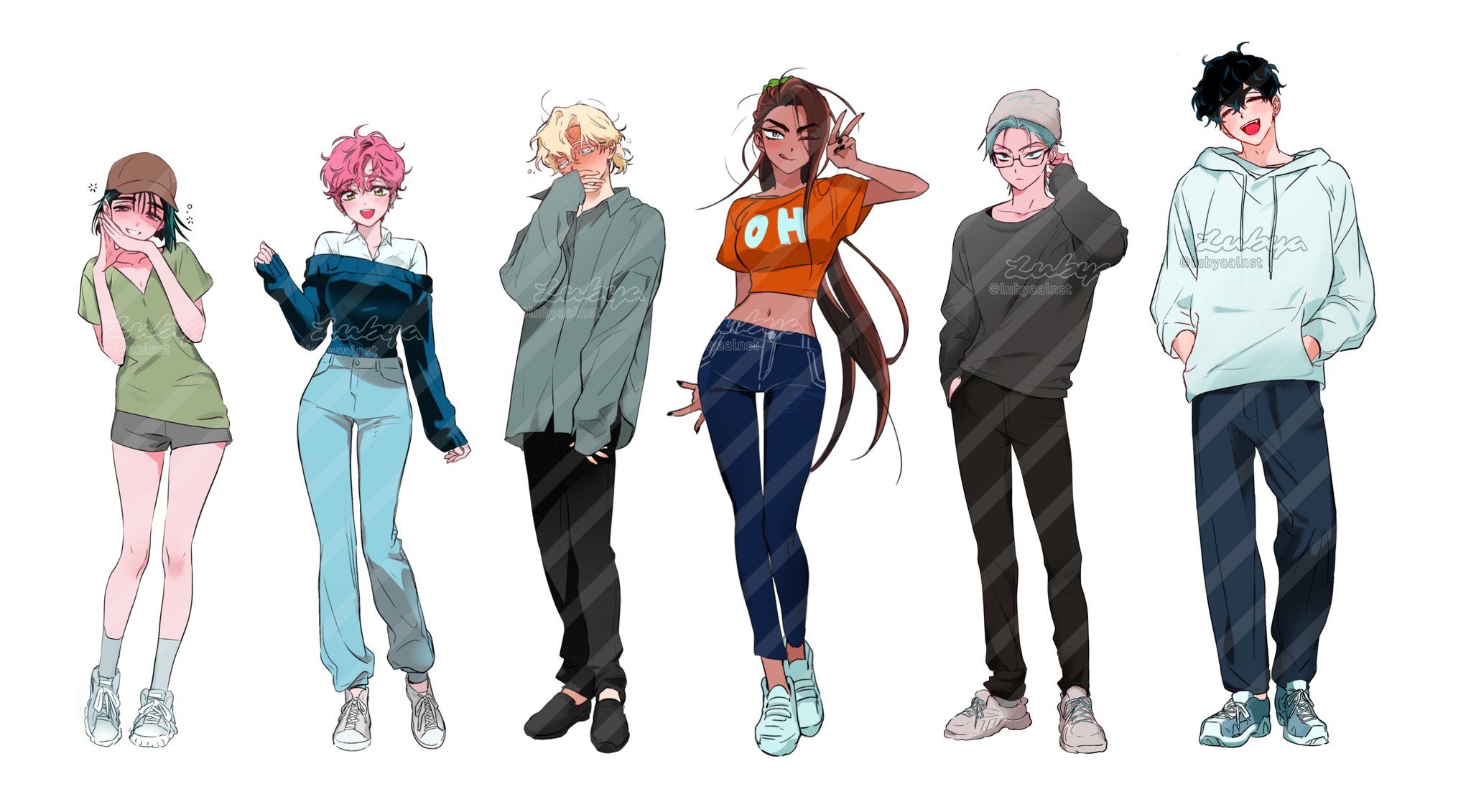 hyuna (alien stage), ivan (alien stage), luka (alien stage), mizi (alien stage), sua (alien stage), till (alien stage), alien stage, commentary, highres, 3boys, 3girls, baseball cap, black hair, black pants, black shoes, black sweater, blonde hair, blue pants, blue shoes, blush, bob cut, brown hair, brown hat, closed eyes, collared shirt, crop top, dark-skinned female, dark skin, denim, fang, glasses, green eyes, green shirt, grey eyes, grey hair, grey shirt, grey shorts, hands in pockets, hat, hood, hoodie, long sleeves, lubya, multiple boys, multiple girls, off-shoulder sweater, off shoulder, orange shirt, pants, pink hair, print shirt, purple eyes, shirt, shoes, short hair, short sleeves, shorts, signature, sleeves past wrists, socks, sweater, v, very short hair, watermark, white hoodie, white shirt, white shoes, yellow eyes