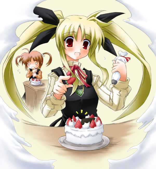 fate testarossa, takamachi nanoha, lyrical nanoha, mahou shoujo lyrical nanoha, duplicate, 00s, 2girls, blonde hair, cake, food, fruit, holding, holding pastry bag, multiple girls, o o, pastry, pastry bag, strawberry, twintails