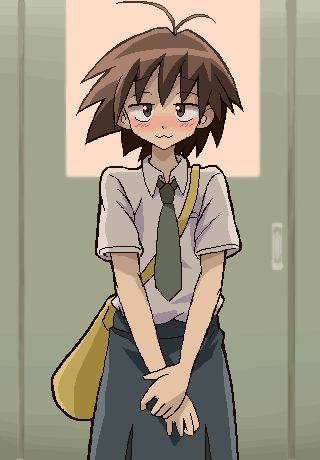 kurihara nagisa, sketchbook full colors, lowres, 00s, 1girl, :3, ahoge, blush, brown hair, closed mouth, female focus, oekaki, school uniform, short hair, solo, standing