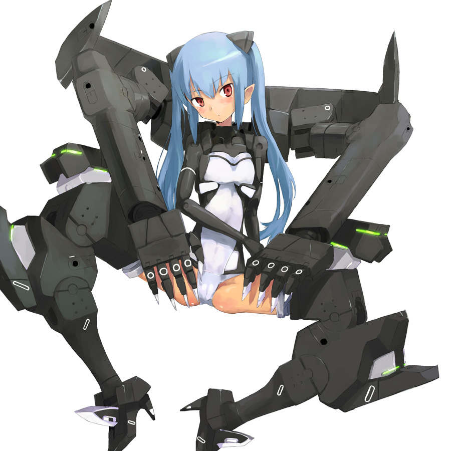 file17, u (the unko), strarf, busou shinki, 10s, 1girl, blue hair, blush, bodysuit, breasts, doll joints, extra arms, female focus, full body, gloves, hair ornament, head tilt, high heels, joints, leotard, long hair, looking at viewer, mecha, mecha musume, narrow waist, neon trim, pointy ears, red eyes, robot, sidelocks, simple background, sitting, small breasts, solo, spread legs, twintails, white background