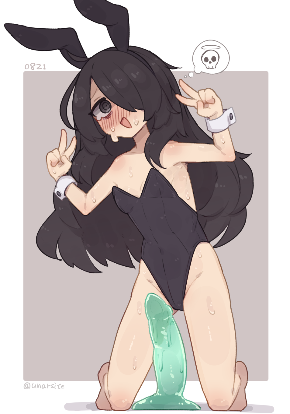 unarsite, original, highres, 1girl, animal ears, black eyes, black hair, blush, dildo, double v, fake animal ears, hair over one eye, kneeling, leotard, long hair, playboy bunny, rabbit ears, sex toy, simple background, solo, sweat, v, wrist cuffs