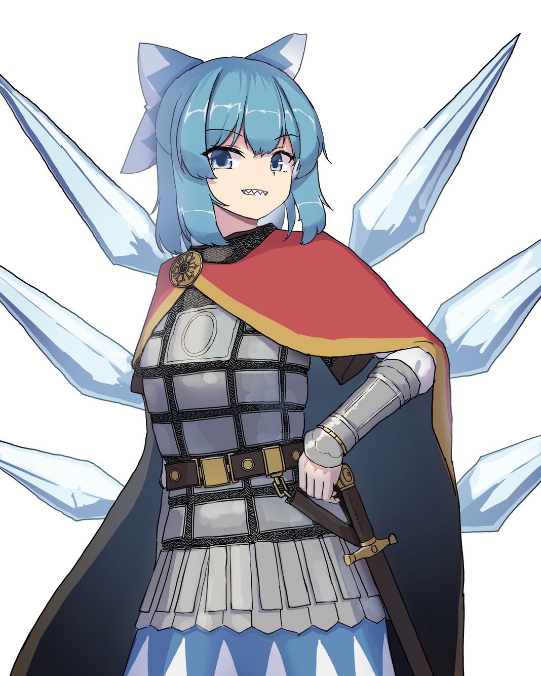 allcy49, cirno, touhou, highres, 1girl, alternate costume, arm armor, arm guards, armor, belt, blue bow, blue eyes, blue hair, blue skirt, bow, cape, chainmail, cross, cross print, crystal wings, grin, hair bow, knight, medieval, red cape, russia, sharp teeth, sidelocks, skirt, smile, solo, sword, teeth, weapon, wings, yellow trim