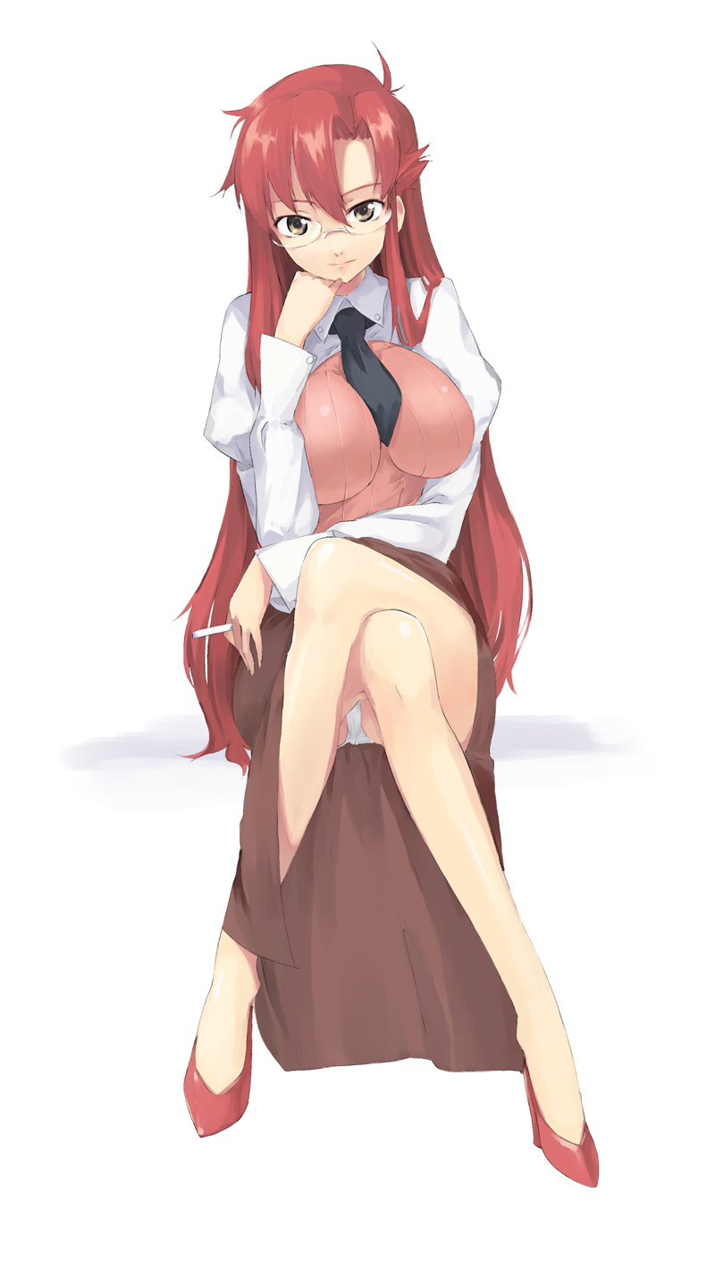 file17, u (the unko), yoko littner, yomako, tengen toppa gurren lagann, highres, 00s, 1girl, aged up, breasts, brown skirt, chalk, crossed legs, female focus, glasses, huge breasts, long hair, long skirt, necktie, panties, pantyshot, red hair, sitting, skirt, solo, teacher, underwear, very long hair