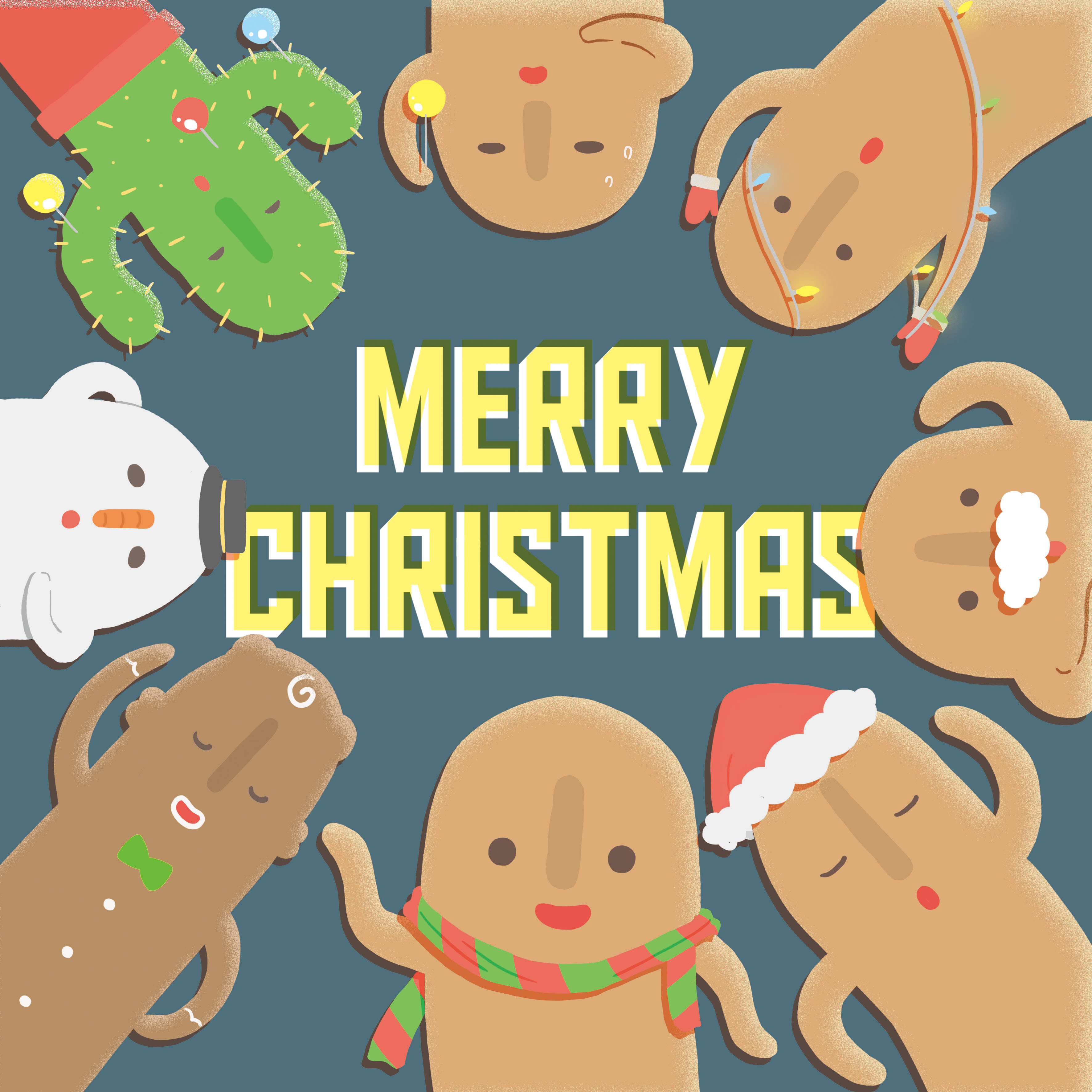 gyroid (animal crossing), animal crossing, nintendo, absurdres, chinese commentary, commentary request, highres, 6+others, blue background, bow, bowtie, cactus, christmas, christmas lights, christmas ornaments, green bow, green bowtie, hat, mandy8508304, merry christmas, multiple others, open mouth, plant, potted plant, santa hat, scarf, simple background, smile, snowman, two-tone scarf