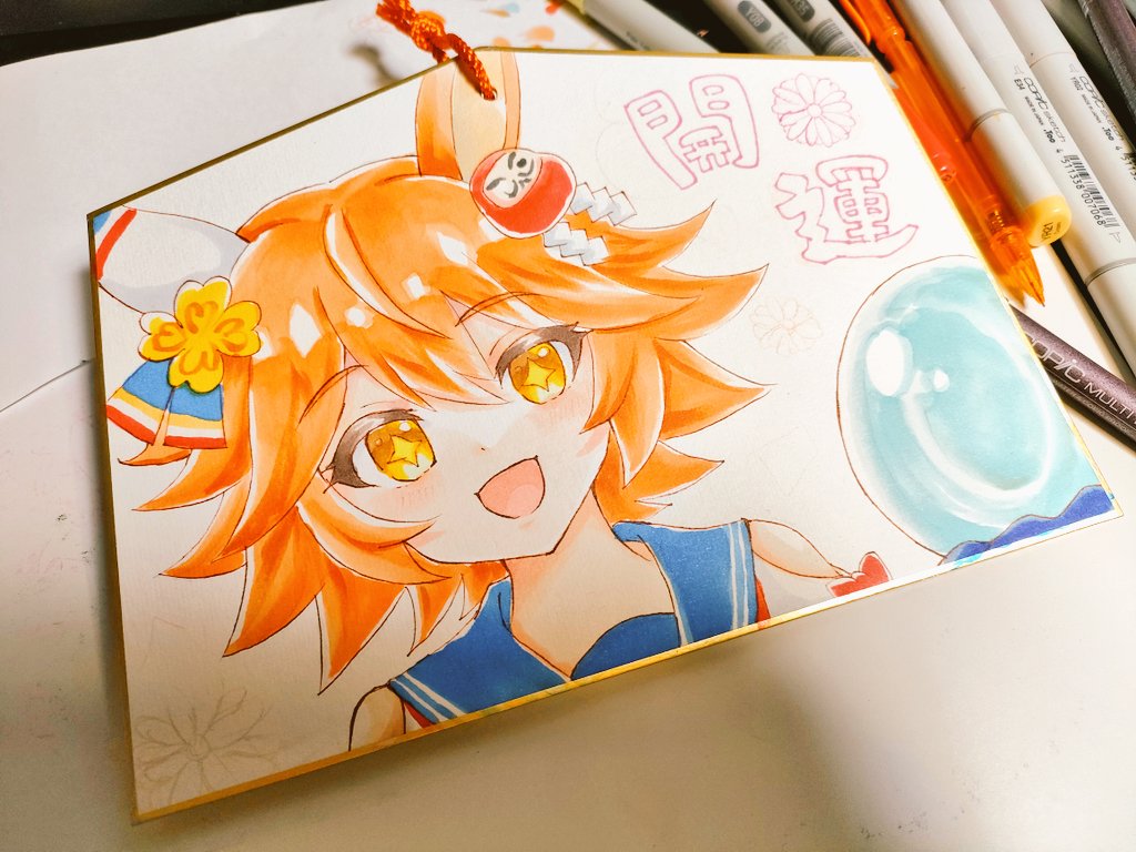 terimuku, matikanefukukitaru (umamusume), umamusume, commentary request, photo (medium), traditional media, + +, 1girl, :d, animal ears, blue sailor collar, bow, clothing cutout, daruma doll, ema (medium), flower, hair between eyes, hair flower, hair ornament, horse ears, open mouth, orange eyes, orange hair, red bow, sailor collar, shide, shirt, shoulder cutout, smile, solo, white shirt, yellow flower