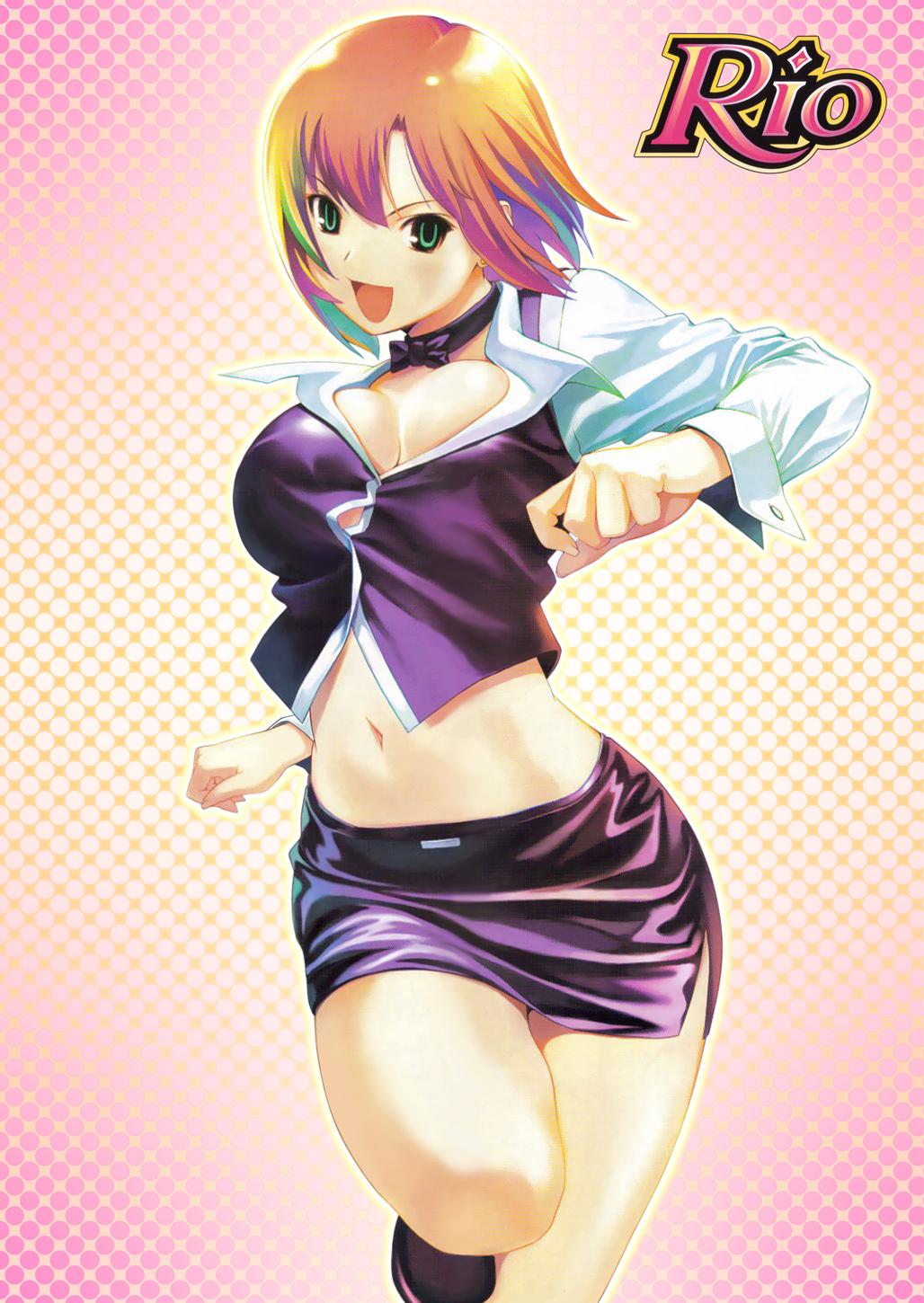 koutaro, rio rollins, super blackjack, highres, non-web source, 1girl, :d, bow, bowtie, breasts, cleavage, croupier, female focus, large breasts, midriff, miniskirt, navel, open mouth, pencil skirt, pink hair, short hair, skirt, smile, solo
