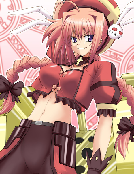 vita (nanoha), lyrical nanoha, mahou shoujo lyrical nanoha, mahou shoujo lyrical nanoha a's, 00s, 1girl, adapted costume, aged up, braid, female focus, gloves, holding behind back, holding weapon behind back, long hair, midriff, navel, purple eyes, red hair, solo, twin braids