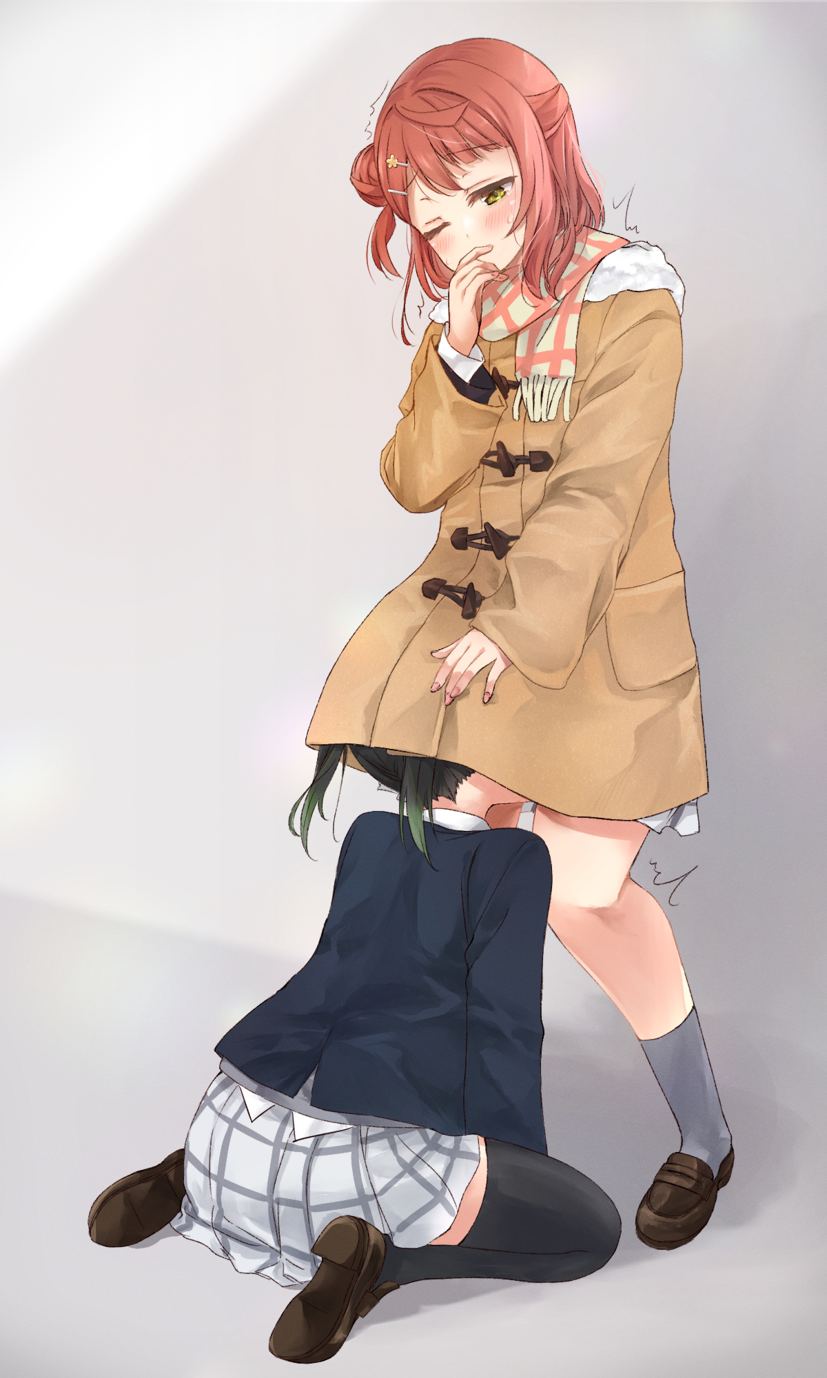 airmilk310, takasaki yu, uehara ayumu, love live!, love live! nijigasaki high school idol club, commentary, highres, symbol-only commentary, 2girls, black hair, black thighhighs, blue shirt, blush, brown coat, brown shoes, coat, green eyes, grey background, grey sky, grey socks, grid print, hair ornament, hairclip, hand up, implied cunnilingus, loafers, long sleeves, medium hair, miniskirt, multiple girls, nijigasaki school uniform, one eye closed, orange hair, orange scarf, parallel hairclips, pleated skirt, print scarf, raised inner eyebrows, scarf, school uniform, shirt, shoes, sitting, skirt, sky, socks, standing, sweat, thighhighs, twintails, wariza, winter clothes, winter coat, yuri