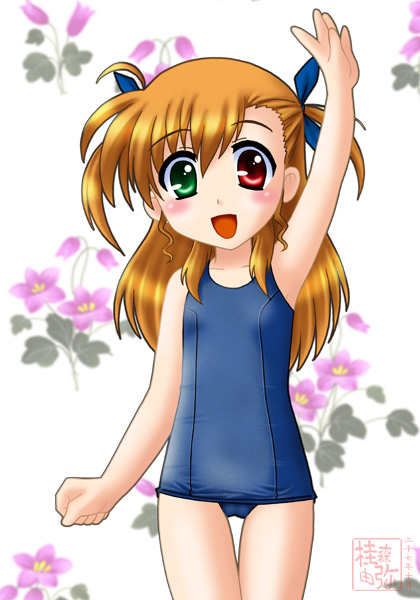 vivio, lyrical nanoha, mahou shoujo lyrical nanoha, 00s, brown hair, green eyes, red eyes, swimsuit