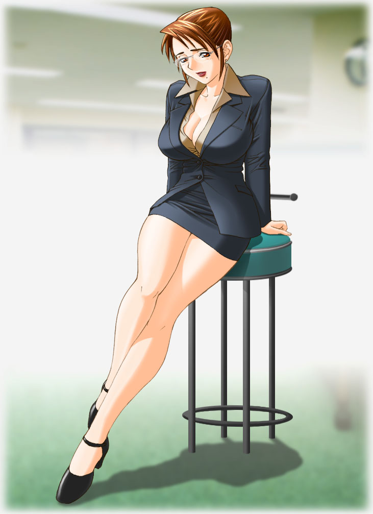 tatsunami youtoku, 1girl, blazer, breasts, business suit, cleavage, curvy, female focus, formal clothes, glasses, high heels, huge breasts, jacket, legs, lipstick, makeup, miniskirt, mole, office lady, pencil skirt, pumps, shoes, skirt, skirt suit, solo, suit