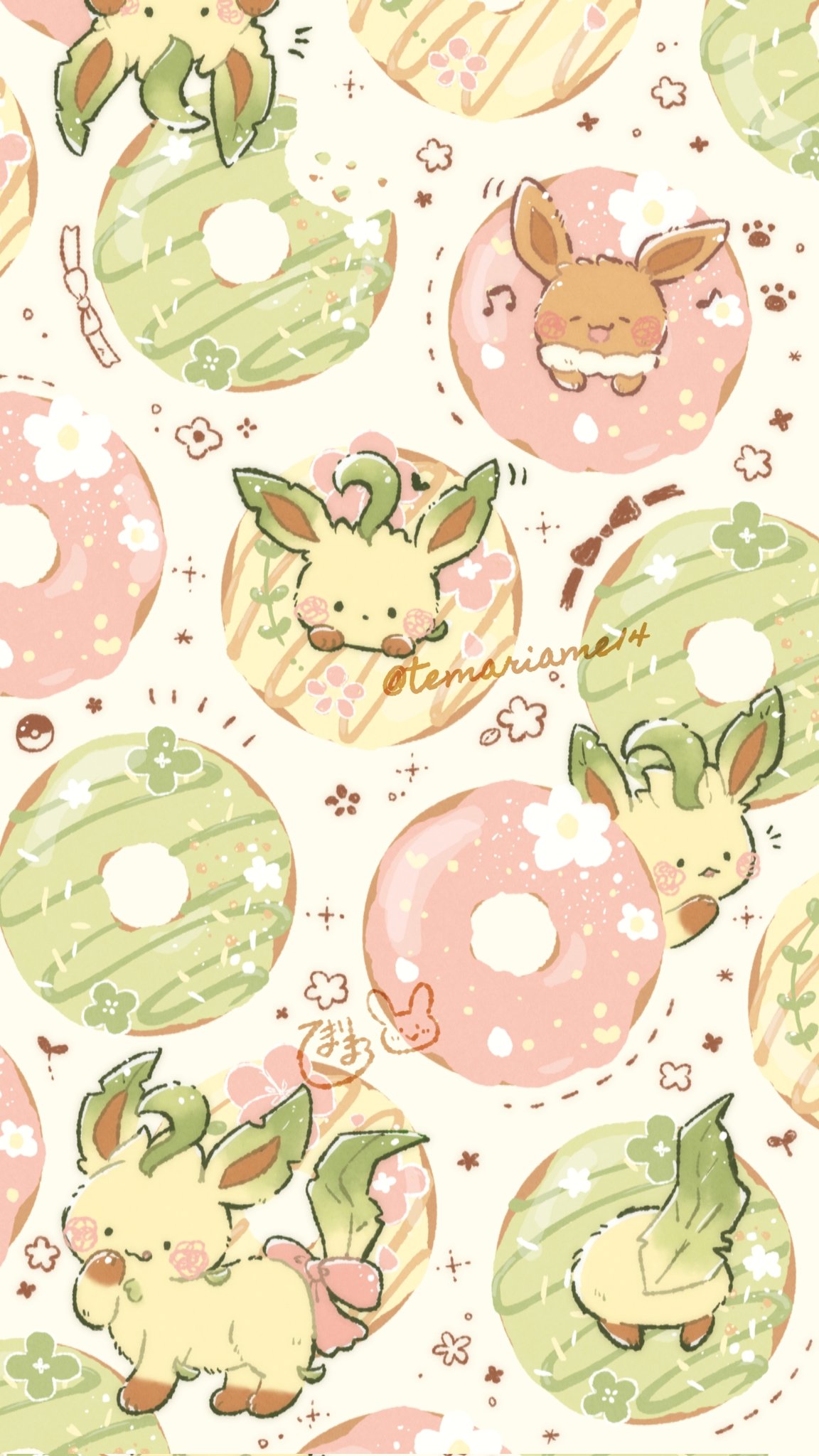 temariame14, eevee, leafeon, nintendo, pokemon, commentary request, highres, animal focus, blush, bow, donut, flower, food, food focus, gen 1 pokemon, gen 4 pokemon, no humans, open mouth, paw print, poke ball, pokemon (creature), pokemon focus, tail, tail bow, tail ornament