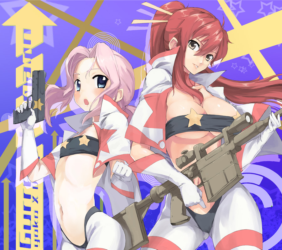 file17, u (the unko), darry adai, space yoko, yoko littner, tengen toppa gurren lagann, 2girls, anti-materiel rifle, bandeau, blue eyes, blush, breasts, cosplay, elbow gloves, flat chest, gloves, gun, handgun, large breasts, long hair, midriff, multiple girls, navel, open mouth, pink hair, pistol, ponytail, red hair, rifle, sniper rifle, star (symbol), strapless, tube top, underboob, weapon, yellow eyes, yoko littner (cosplay)