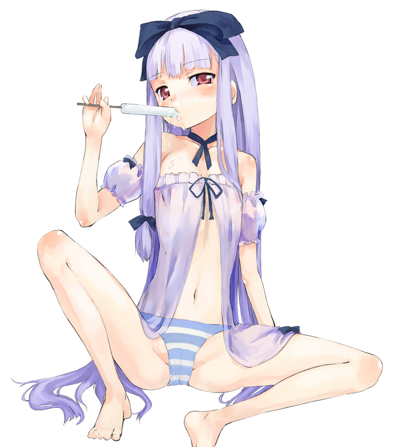 file17, u (the unko), 3.1-tan, os-tan, 1girl, barefoot, chemise, feet, female focus, flat chest, food, loli, panties, popsicle, solo, striped clothes, striped panties, underwear