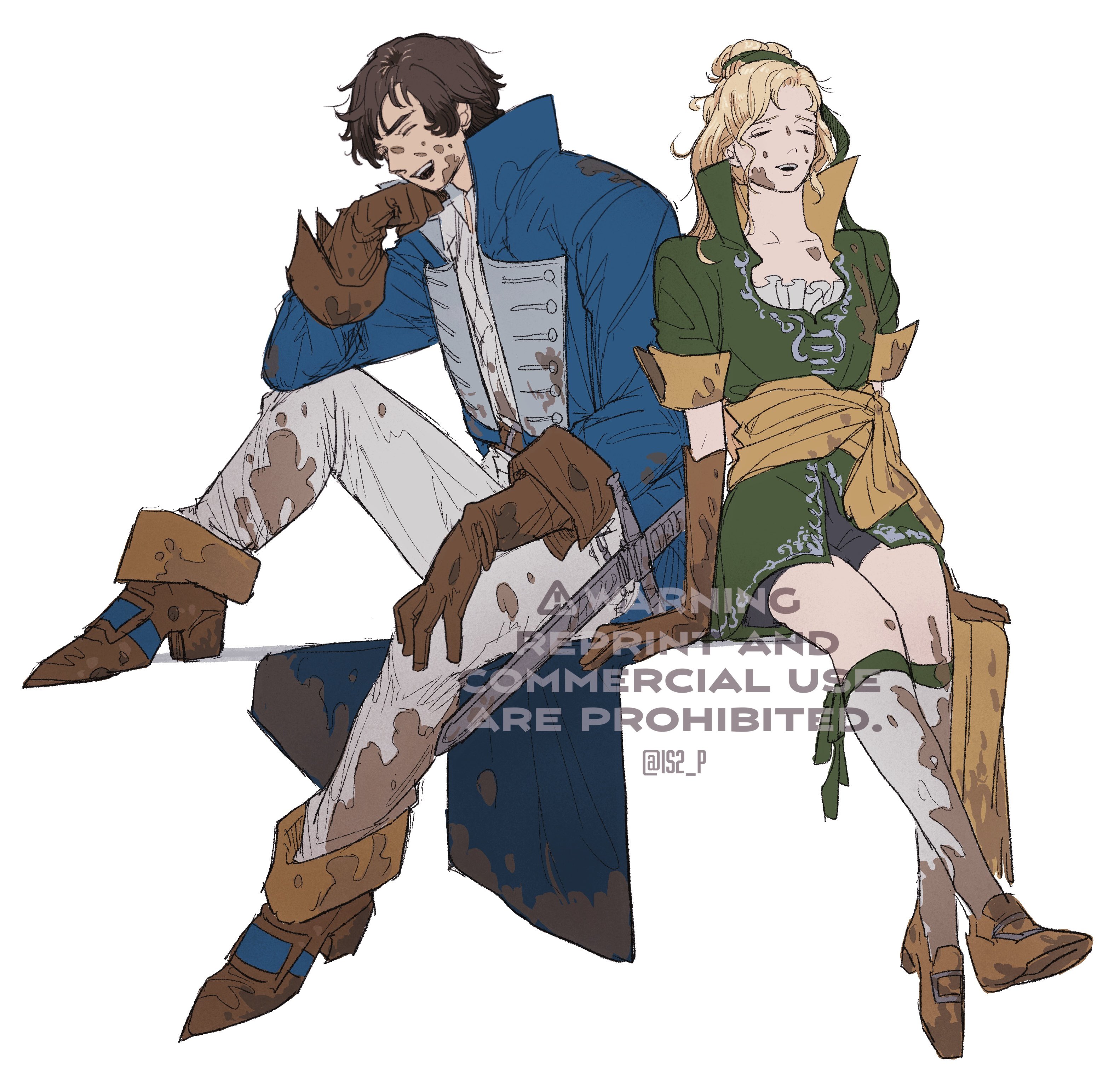 tanaka (is2 p), maria renard, richter belmont, castlevania (series), 1boy, 1girl, blonde hair, blue coat, boots, brown hair, closed eyes, coat, dirty, dirty clothes, gloves, kneehighs, pants, popped collar, sitting, socks, watermark, white background