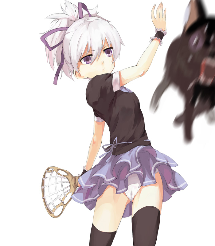 file17, u (the unko), mao (darker than black), yin (darker than black), darker than black, 00s, 1girl, black cat, blue skirt, cat, female focus, lacrosse, panties, pantyshot, skirt, solo, thighhighs, underwear, upskirt, zettai ryouiki