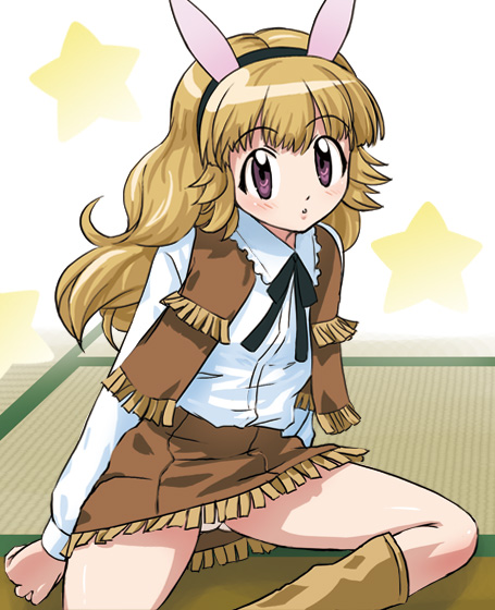 haruyama kazunori, lavie, rabi (keroro gunsou), keroro gunsou, 1girl, animal ears, fake animal ears, female focus, panties, pantyshot, rabbit ears, sitting, solo, underwear