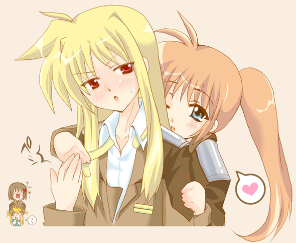 mekimeki, fate testarossa, takamachi nanoha, vivio, yagami hayate, lyrical nanoha, mahou shoujo lyrical nanoha, mahou shoujo lyrical nanoha strikers, 00s, 4girls, ?, blonde hair, blue eyes, blush, brown hair, hair ornament, heart, long hair, military, military uniform, multiple girls, one eye closed, purple eyes, red eyes, red hair, side ponytail, spoken heart, x hair ornament, yuri