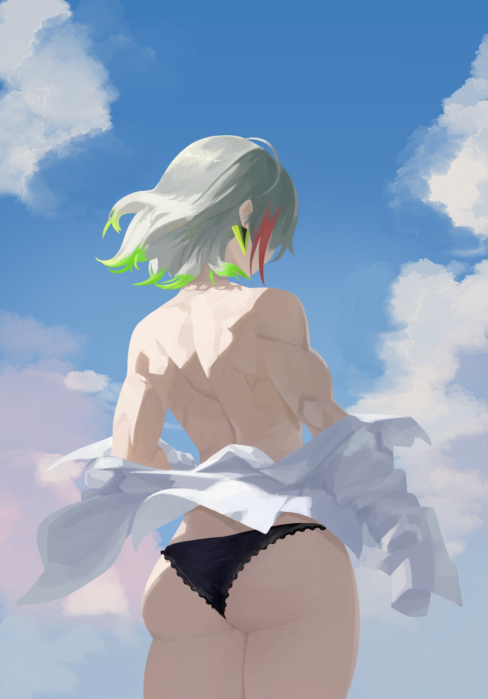 nbee ya, diabellstar the black witch, yu-gi-oh!, absurdres, highres, 1girl, ass, back, biceps, breasts, colored tips, duel monster, facing away, from behind, green hair, grey hair, large breasts, medium hair, multicolored hair, muscular, muscular female, pale skin, shoulder blades, solo, standing, thick thighs, thighs, toned