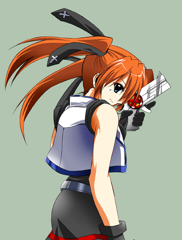 cross mirage, teana lanster, lyrical nanoha, mahou shoujo lyrical nanoha, mahou shoujo lyrical nanoha strikers, 00s, 1girl, blue eyes, female focus, gun, red hair, solo, twintails, weapon