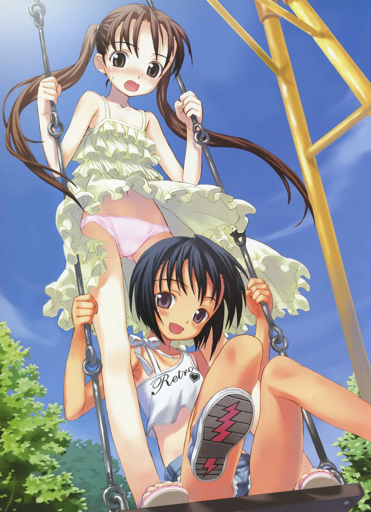 matsuryuu, highres, 2girls, blue hair, blush, brown eyes, brown hair, denim, denim shorts, dress, embarrassed, fang, flat chest, frills, happy, long hair, midriff, multiple girls, navel, on swing, one-piece tan, open mouth, panties, petite, pink panties, purple eyes, sandals, short hair, shorts, smile, standing, standing on swing, sweatdrop, swing, tan, tank top, tanline, twintails, underwear, upskirt, wind, wind lift