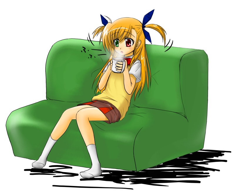 vivio, lyrical nanoha, mahou shoujo lyrical nanoha, mahou shoujo lyrical nanoha strikers, 00s, 1girl, couch, cup, drinking, female focus, full body, green eyes, heterochromia, holding, kneehighs, long hair, miniskirt, motion lines, orange hair, red eyes, shirt, short sleeves, simple background, sitting, skirt, socks, solo, steam, sweater vest, two side up, white background, white shirt, white socks