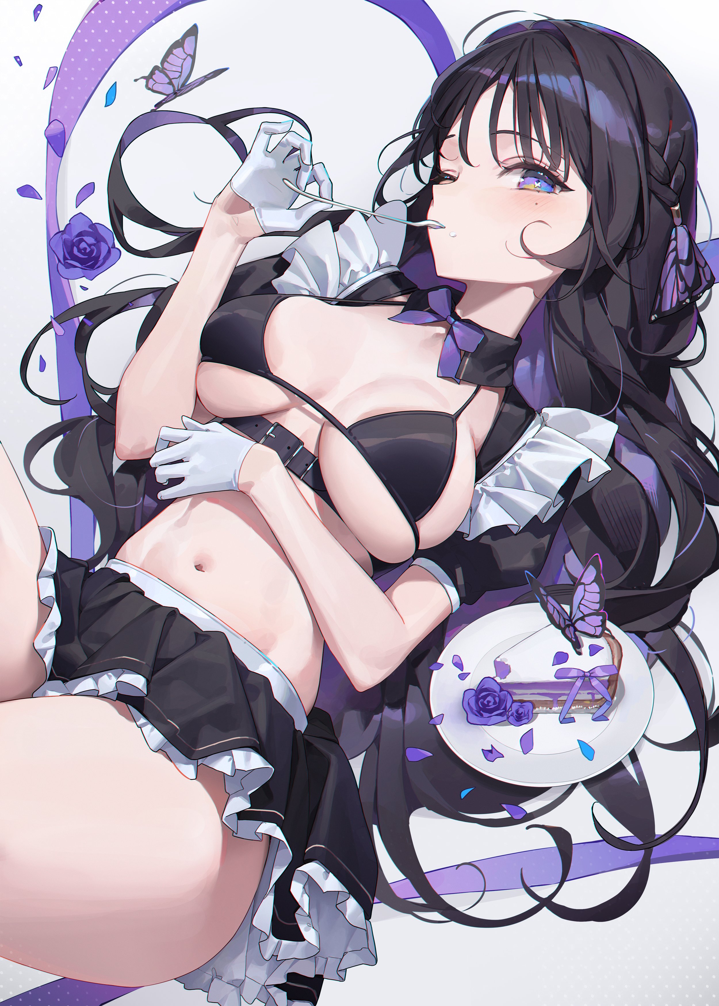 jenil, original, absurdres, commentary request, highres, korean commentary, 1girl, belt, belt buckle, bikini, bikini top only, black belt, black bikini, black collar, black hair, black skirt, black sleeves, blue eyes, borrowed character, bow, bowtie, braid, breasts, breasts apart, buckle, bug, butterfly, cake, cake slice, chest belt, collar, cowboy shot, detached collar, detached sleeves, eating, flower, food, frilled sleeves, frills, gloves, hair ribbon, hand on own stomach, hand up, holding, holding spoon, insect, large breasts, long hair, looking at viewer, maid, microskirt, navel, plate, pleated skirt, purple bow, purple bowtie, purple flower, purple ribbon, purple rose, ribbon, rose, short sleeves, side braid, simple background, skindentation, skirt, solo, spoon, stomach, swimsuit, unconventional maid, utensil in mouth, white background, white gloves, wing collar