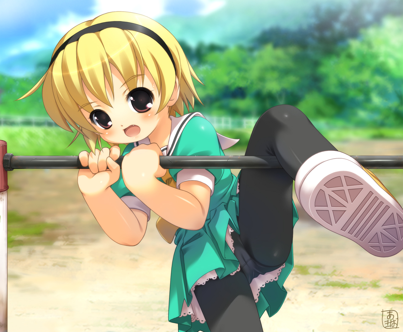 akiba hideki, houjou satoko, higurashi no naku koro ni, 00s, 1girl, black pantyhose, blonde hair, cameltoe, fang, female focus, loli, panties, panties under pantyhose, pantyhose, playground, solo, underwear