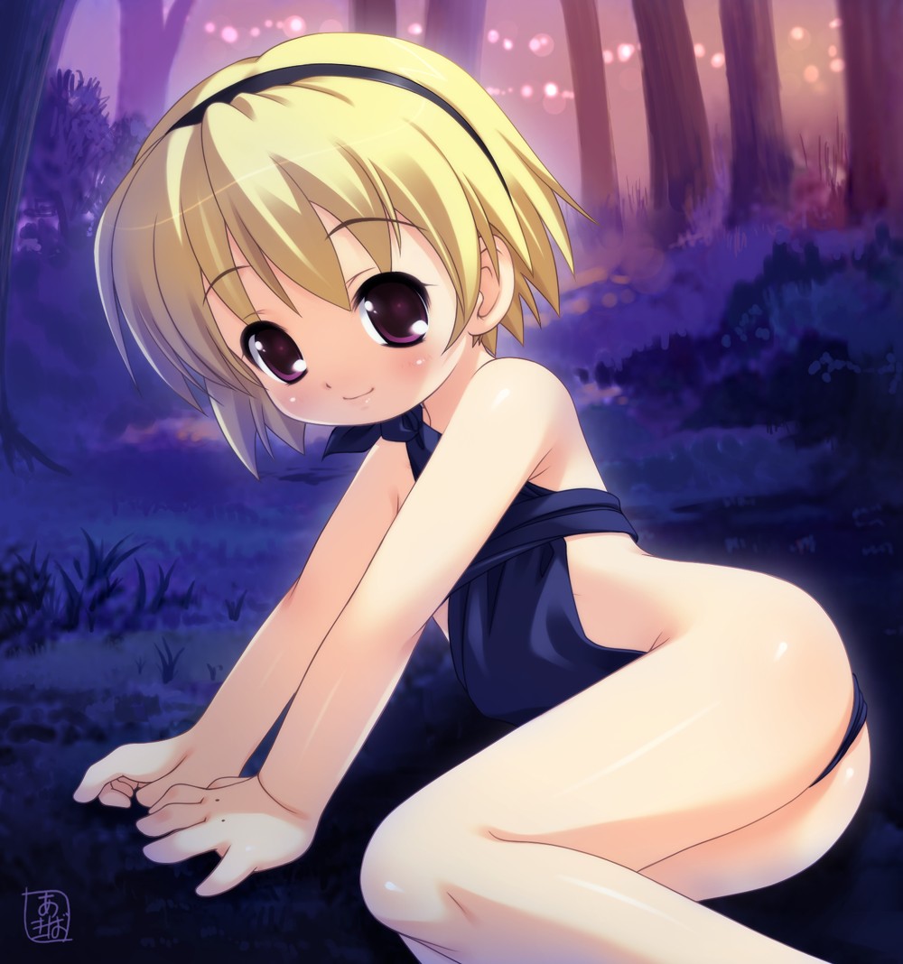 akiba hideki, houjou satoko, higurashi no naku koro ni, 00s, 1girl, ass, bare arms, bare legs, bare shoulders, blonde hair, brown eyes, female focus, forest, from behind, loli, looking at viewer, lying, nature, on side, outdoors, plant, revealing clothes, short hair, sitting, solo, tareme, tree, yokozuwari
