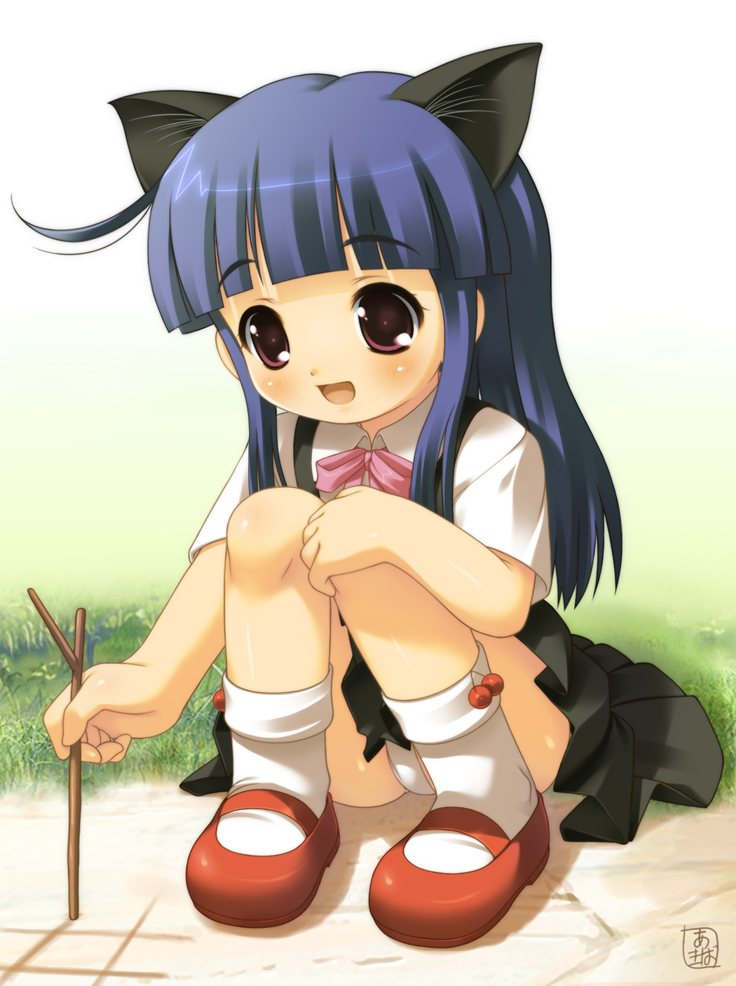 akiba hideki, furude rika, higurashi no naku koro ni, highres, 00s, 1girl, animal ears, blue hair, cat ears, female focus, loli, mary janes, panties, pantyshot, red shoes, school uniform, serafuku, shoes, sitting, skirt, socks, solo, underwear, upskirt, white panties