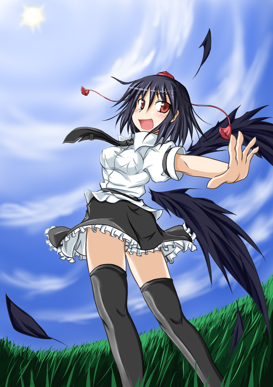 kirino souya, shameimaru aya, touhou, bad id, bad pixiv id, 1girl, black wings, female focus, field, hat, looking at viewer, open mouth, smile, solo, thighhighs, wings