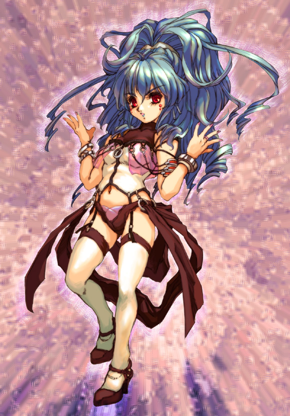 hisahiko, alfimi, banpresto, super robot wars, blue hair, flat chest, full body, garter belt, long hair, red eyes, solo, thighhighs
