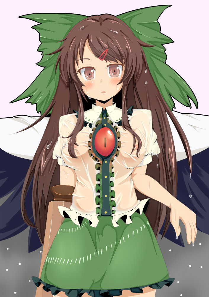 hatsuse rui, reiuji utsuho, touhou, commentary request, 1girl, black wings, blush, bow, breasts, brown eyes, brown hair, buttons, cape, center frills, collared shirt, covered erect nipples, cowboy shot, expressionless, feathered wings, frilled shirt, frilled shirt collar, frilled skirt, frills, green bow, green skirt, hair bow, hair ornament, hairclip, large breasts, long hair, looking at viewer, no bra, open mouth, puffy short sleeves, puffy sleeves, see-through clothes, shirt, short sleeves, skirt, solo, third eye, very long hair, wet, wet clothes, wet shirt, white cape, white shirt, wings