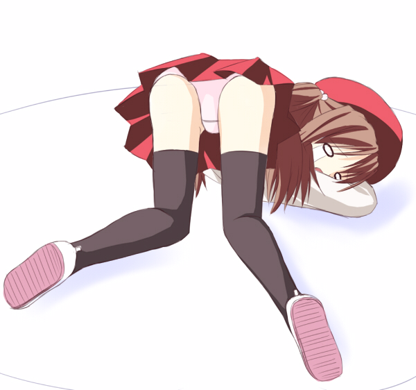 senoo aoi, uchida yuka, minami-ke, 00s, bent over, hair bobbles, hair ornament, hat, o o, panties, pink panties, school uniform, serafuku, skirt, solo, tears, thighhighs, top-down bottom-up, underwear