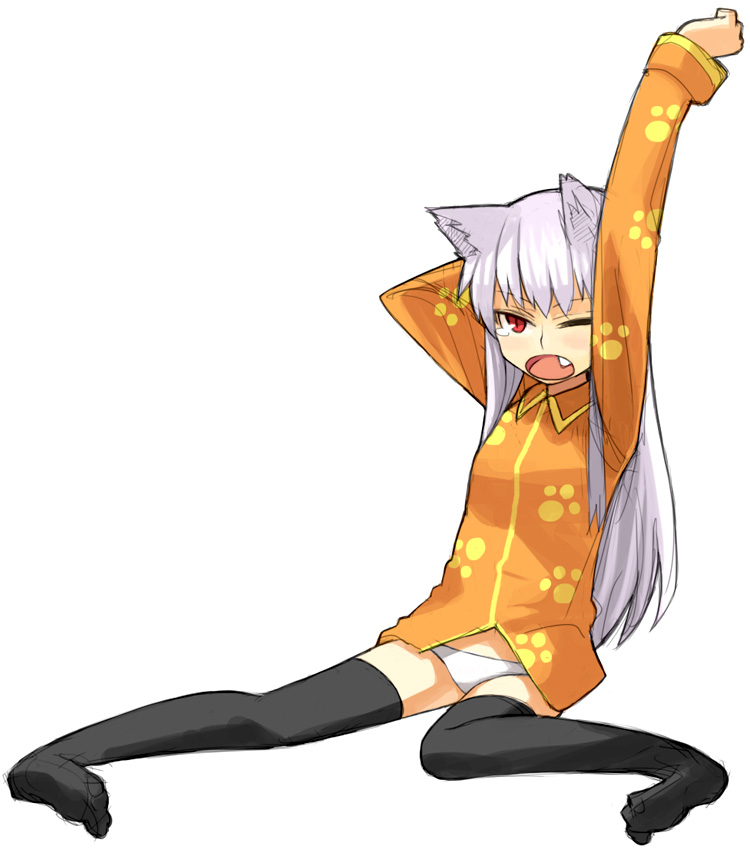 yu 65026, original, 1girl, animal ears, cat ears, feet, female focus, lowleg, lowleg panties, orange shirt, pajamas, panties, print shirt, shirt, sketch, solo, thighhighs, underwear