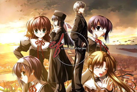 nanao naru, amamiya yuuko, hayama mizuki, himura yuu, miyamura miyako, shindou chihiro, shindou kei (ef), ef (visual novel), 00s, 1boy, 5girls, :d, ^ ^, back-to-back, beret, black hair, blazer, closed eyes, evening, eyepatch, floating hair, from side, full body, gakuran, hairband, hat, jacket, long hair, looking at viewer, multiple girls, open mouth, outdoors, pants, profile, purple hair, school uniform, serafuku, siblings, sisters, smile, standing, sunlight, sunset, twins, upper body, very long hair, wind