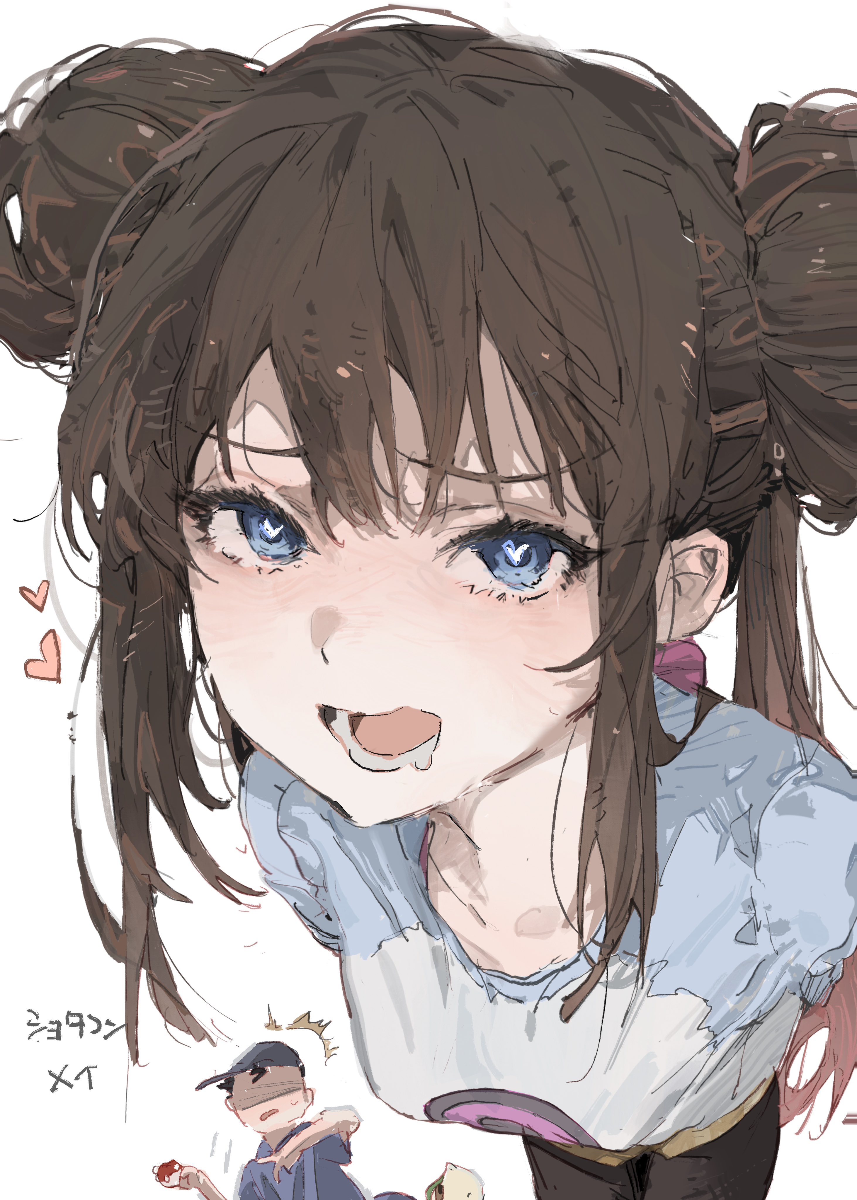 le (szs0k), rosa (pokemon), nintendo, pokemon, absurdres, highres, 1boy, 1girl, black pantyhose, blue eyes, blush, breasts, brown hair, double bun, drooling, hair bun, heart, heart-shaped pupils, holding, holding poke ball, leaning forward, long hair, looking at viewer, medium breasts, pantyhose, poke ball, saliva, shorts, sidelocks, symbol-shaped pupils, yellow shorts