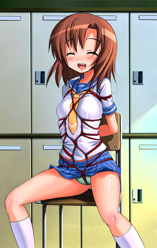 patorishia, patricia (stylish marunage), ryuuguu rena, higurashi no naku koro ni, 00s, 1girl, arms behind back, bdsm, blue skirt, blush, bondage, bound, brown hair, chair, closed eyes, crotch rope, female focus, happy, open mouth, panties, pleated skirt, school uniform, serafuku, shibari, shibari over clothes, sitting, skirt, smile, solo, underwear
