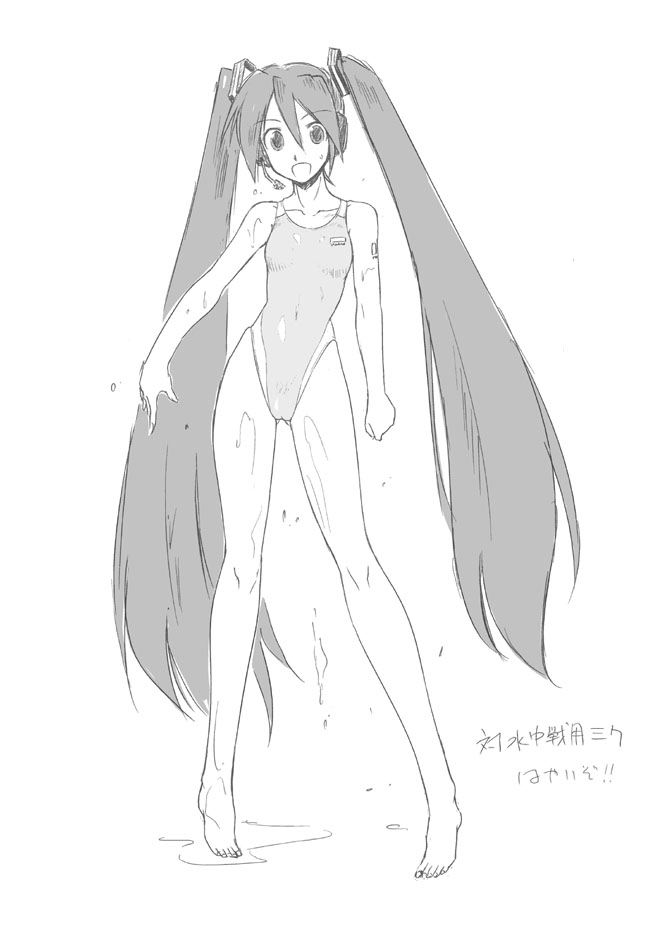 onaya masakazu, hatsune miku, vocaloid, 1girl, barefoot, competition swimsuit, female focus, flat chest, greyscale, highleg, highleg one-piece swimsuit, legs, long hair, microphone, monochrome, one-piece swimsuit, smile, solo, swimsuit, twintails, very long hair, wet