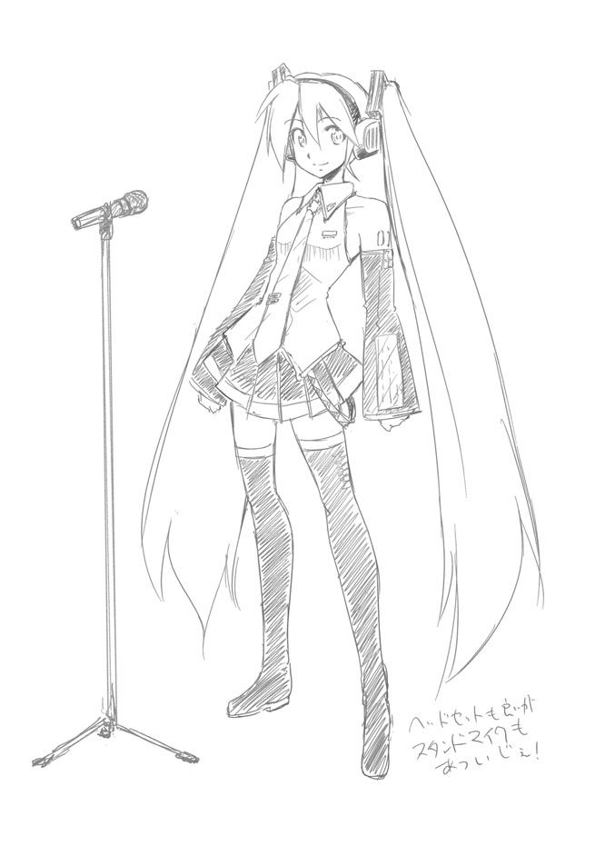 onaya masakazu, hatsune miku, vocaloid, detached sleeves, greyscale, long hair, microphone, microphone stand, monochrome, sketch, solo, thighhighs, twintails, very long hair