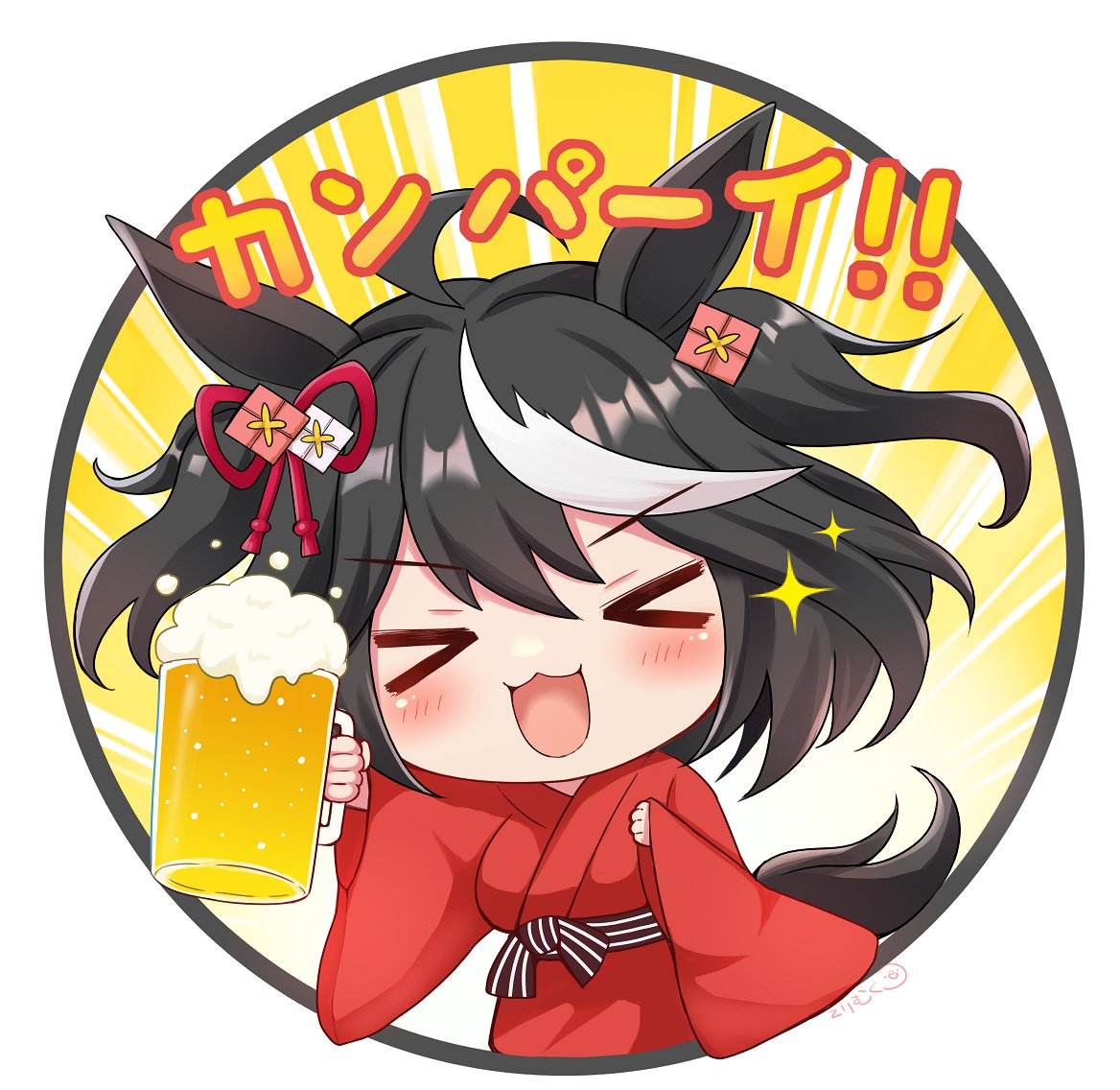 terimuku, kitasan black (umamusume), umamusume, commentary request, translation request, > <, 1girl, :d, ahoge, alcohol, animal ears, beer, beer mug, black hair, blush, breasts, chibi, closed eyes, cup, facing viewer, holding, holding cup, horse ears, horse girl, horse tail, japanese clothes, kimono, long sleeves, medium breasts, mug, multicolored hair, obi, open mouth, red kimono, sash, sleeves past wrists, smile, solo, streaked hair, tail, two side up, white hair, wide sleeves, xd