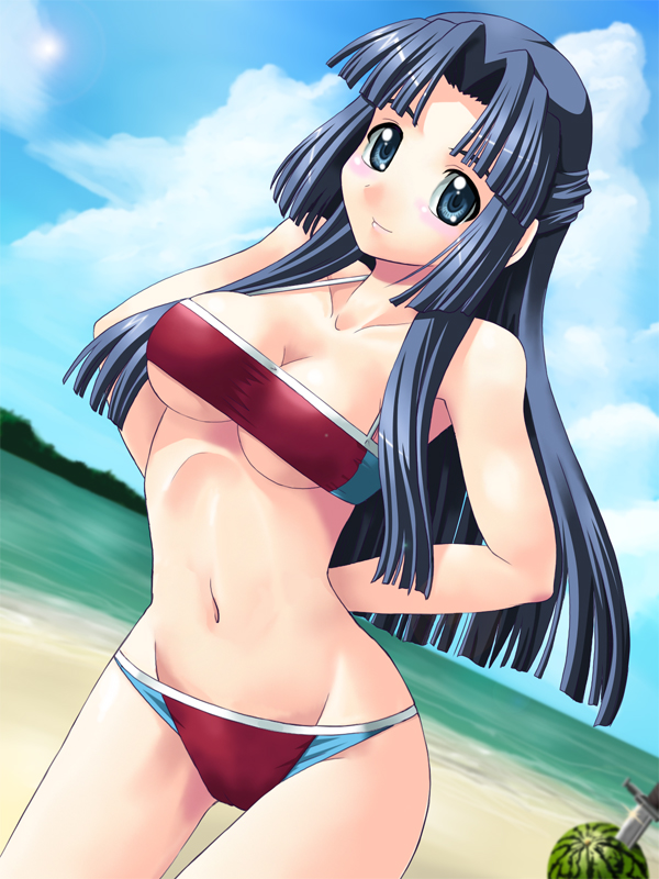 yaso shigeru, asakura ryoko, suzumiya haruhi no yuuutsu, 00s, 1girl, bandeau, beach, bikini, blue eyes, blue hair, breasts, cleavage, curvy, day, female focus, food, fruit, half updo, knife, matching hair/eyes, medium breasts, outdoors, red bikini, solo, strapless, swimsuit, tube top, underboob, watermelon