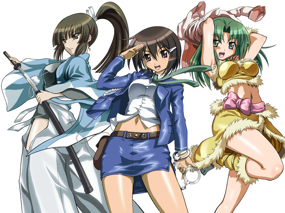morisu, iinchou (seto no hanayome), shiranui akeno, zenigata mawari, seto no hanayome, 00s, 3girls, armpits, arms up, belt, black eyes, black hair, boots, bow, clothes lift, crop top, cuffs, green eyes, green hair, grey eyes, hair ornament, hairclip, handcuffs, leg lift, long hair, midriff, miniskirt, multiple girls, necktie, pencil skirt, police, police uniform, policewoman, ponytail, salute, sheath, shirt lift, short hair, skirt, sword, undressing, unsheathing, very short hair, weapon