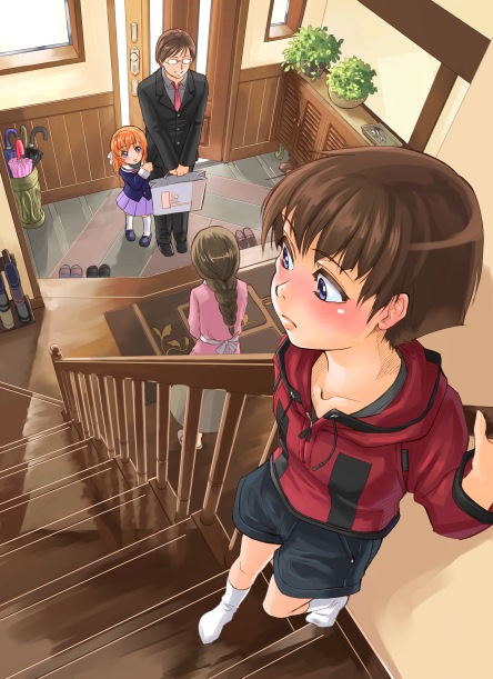 kurogin, original, commentary, 1boy, 3girls, blue eyes, blush, brown hair, family, foreshortening, multiple girls, short hair, slice of life, stairs